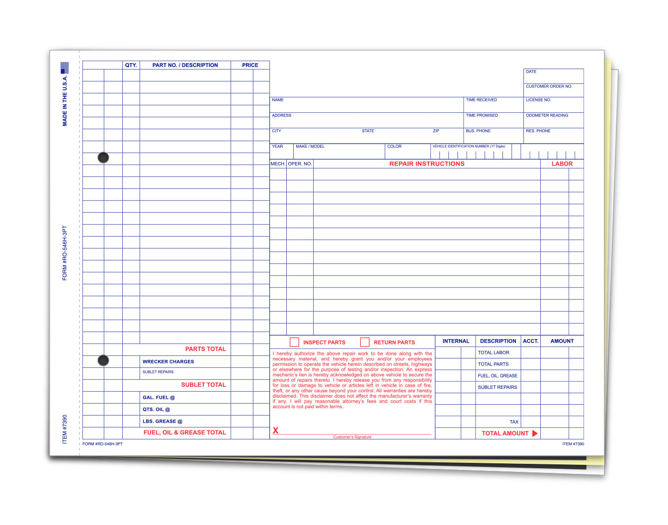 Repair Order - RO-546H - 3 Part - Qty. 100