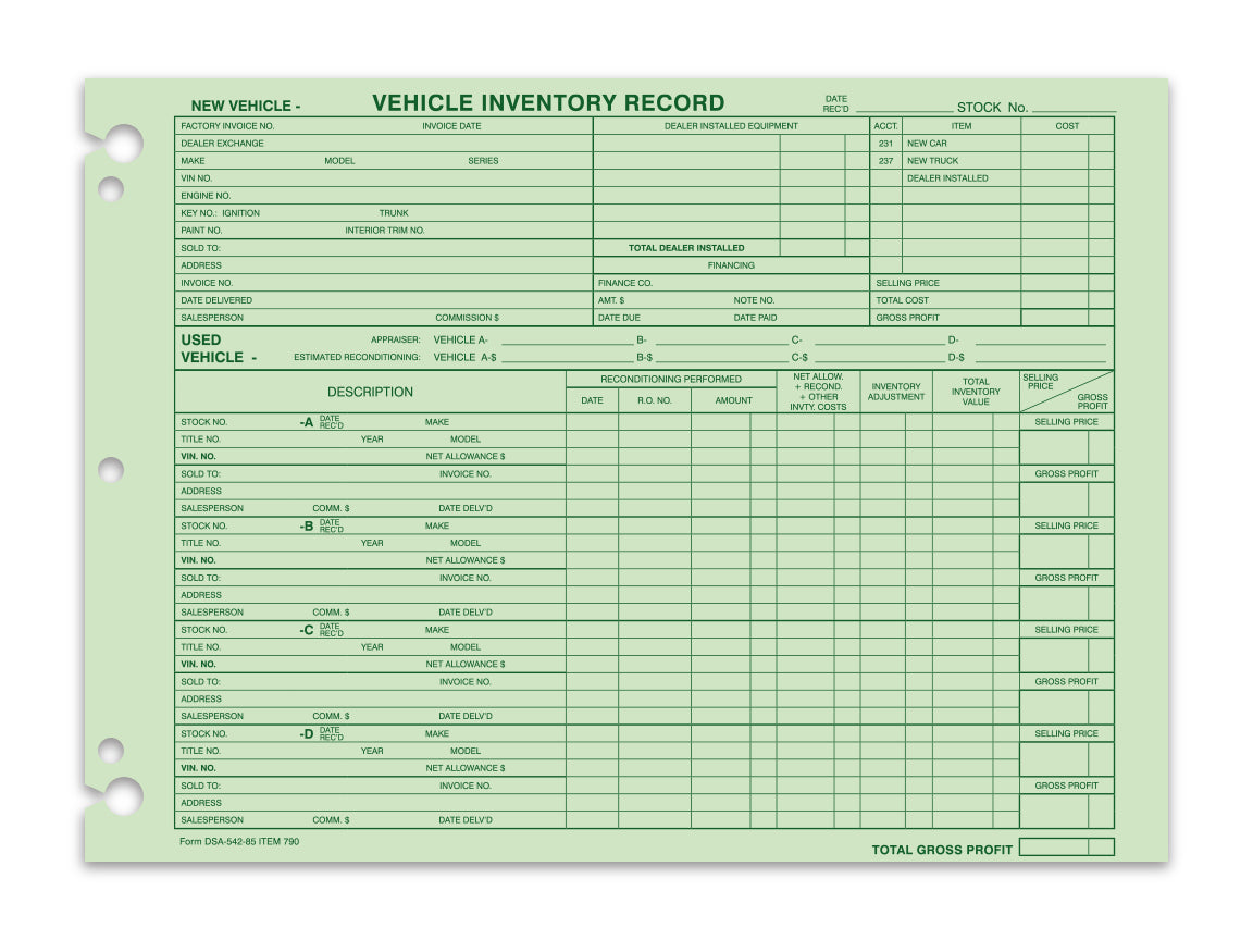 Vehicle Inventory Record - DSA-542-85 - Qty. 50