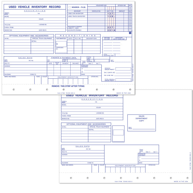 Used Vehicle Record - DUAS-305-2 - 2 Part - Qty. 100