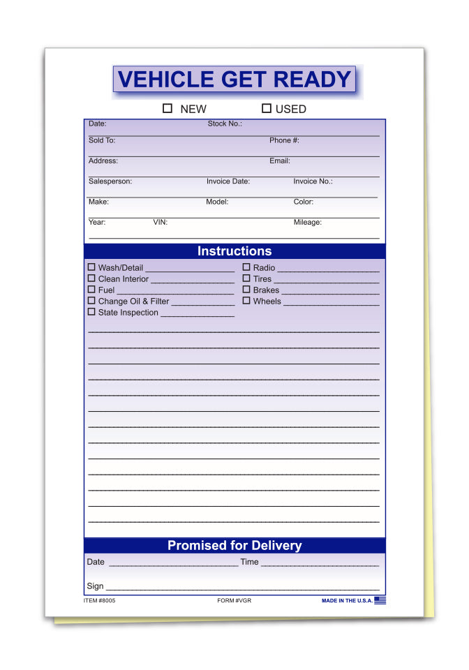 Vehicle Get Ready Form - 5 1/2"  X 8 1/2 " - Qty. 100