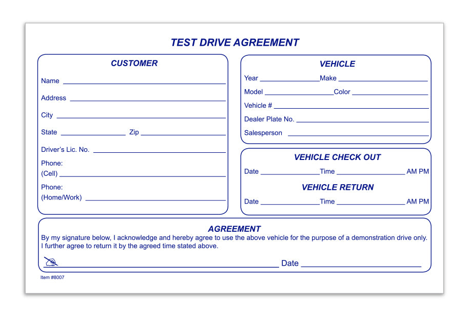 Test Drive Agreement Form - Qty. 100 Per Pad