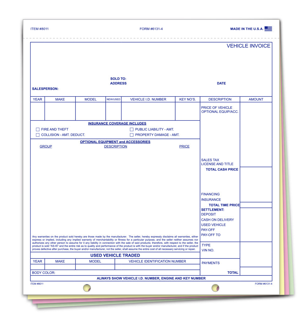 Universal Vehicle Invoice - 6131-4 - 4 Part - Qty. 100