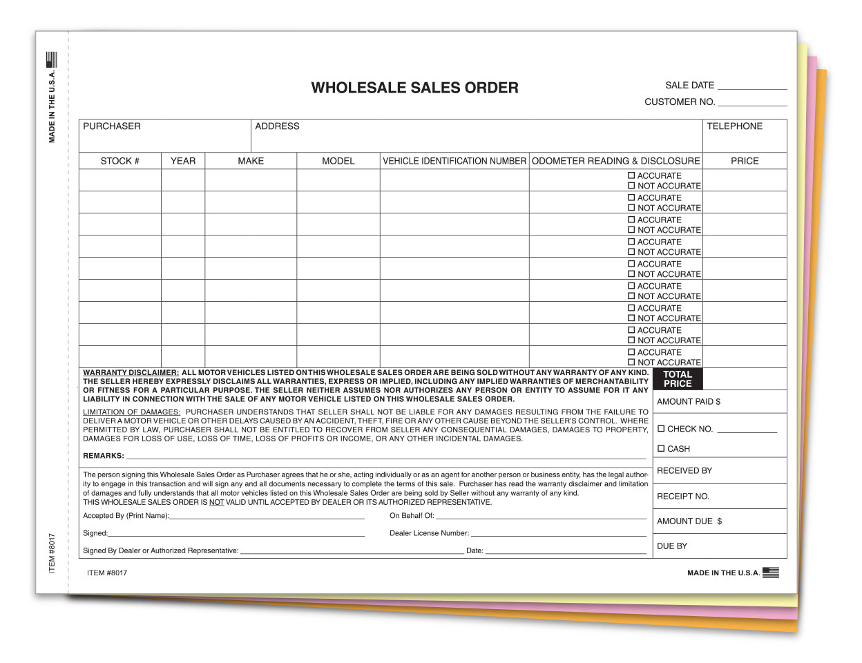 Wholesale Sales Order - 4 Part -  Qty. 100