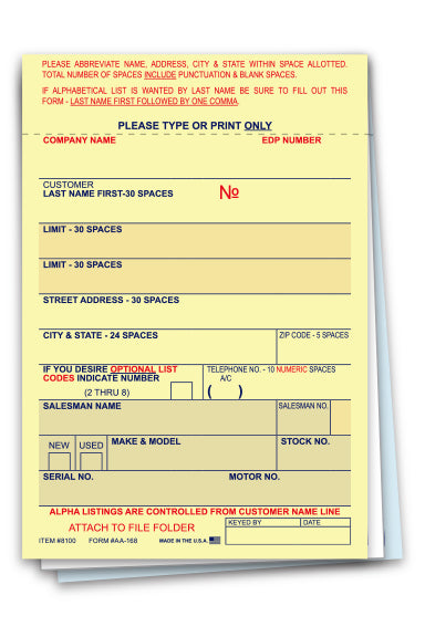 Vehicle Deal Labels - AA-168 - 3 Part - Qty. 100