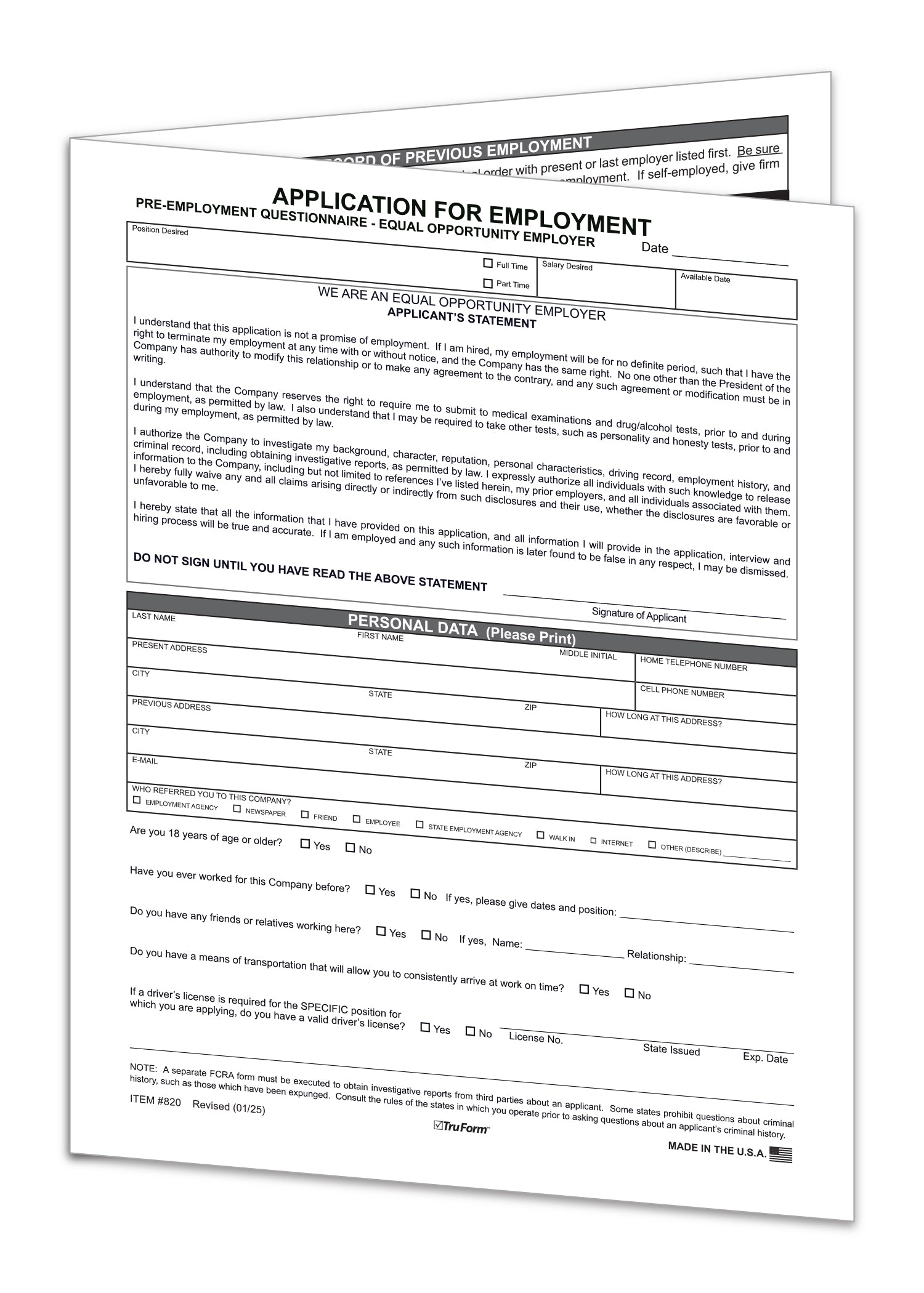 Application for Employment - EMP-1 - Qty. 50