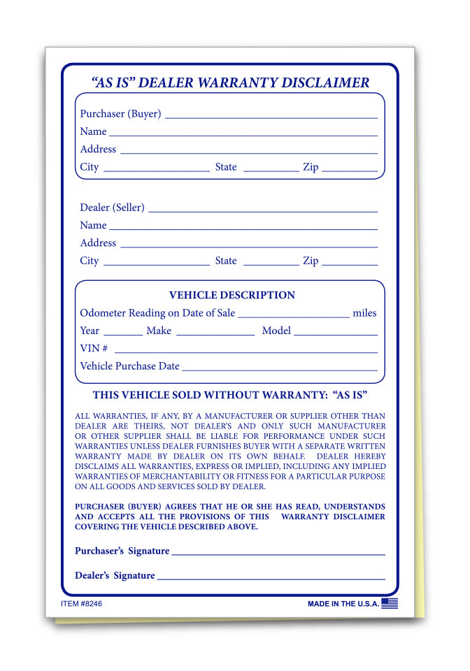 "As Is" Dealer Warranty Disclaimer  - Qty. 100