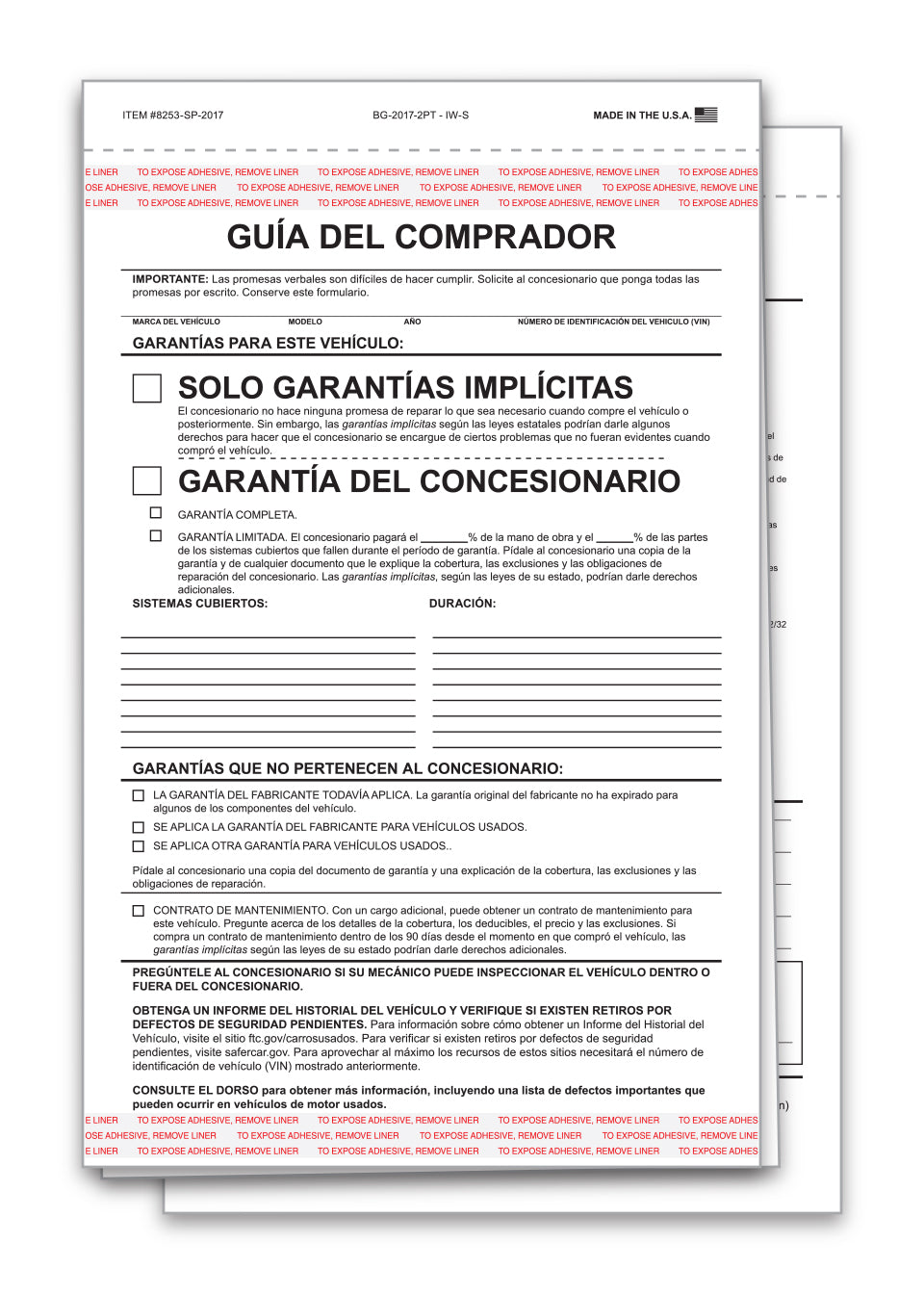 Buyers Guide - Implied Warranty - 2 Part - Spanish - Qty. 100