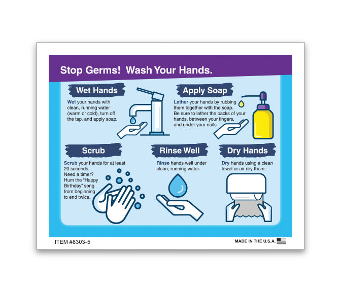 4.25" x 5.5" - Die Cut/Perfed  Hand Wash, Perm. Adh. - Qty. 10 Per Pack
