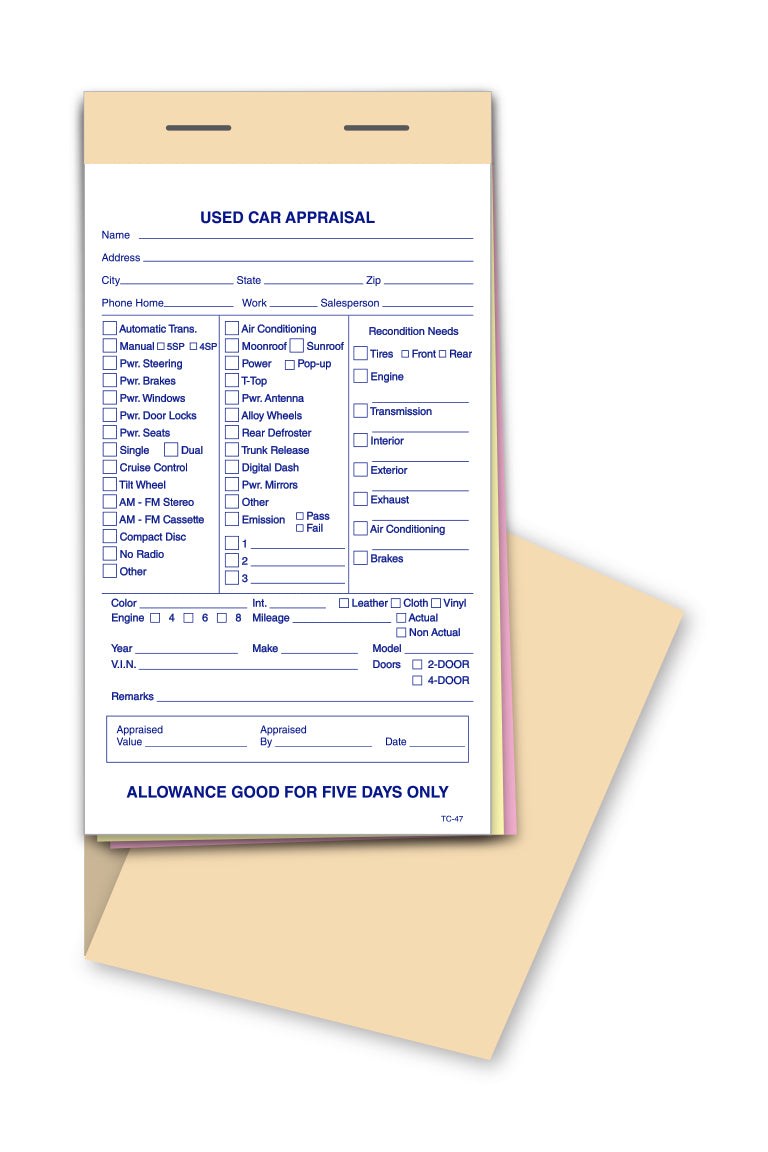 Used Vehicle Appraisal Book - TC-47 - 3 Part - Qty. 25 per book