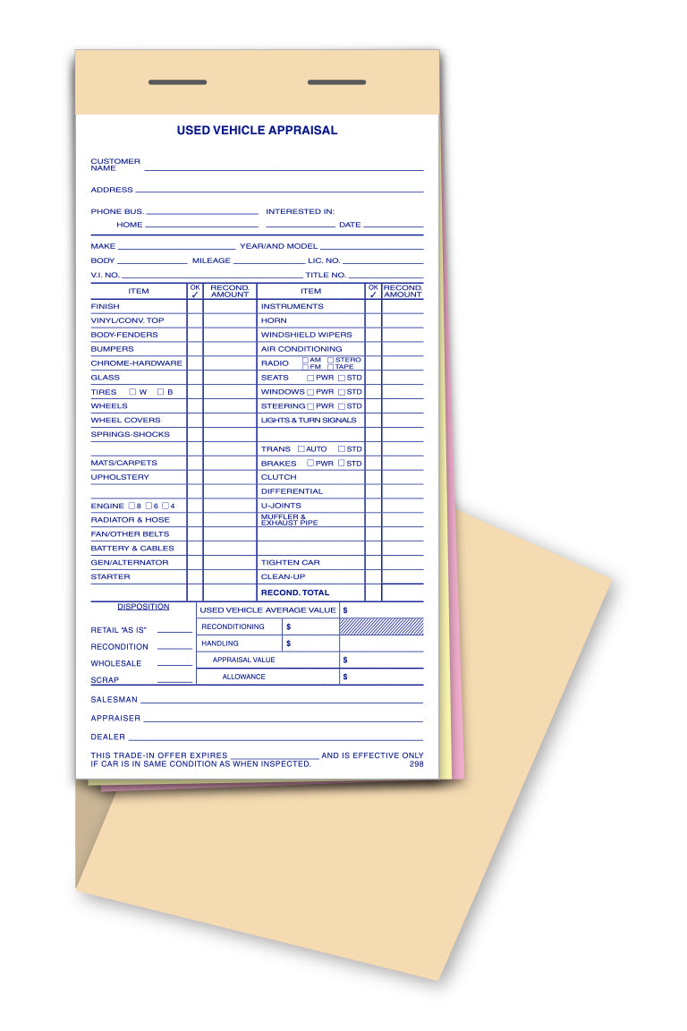 Used Vehicle Appraisal Book - #298 - 3 Part - Qty. 25 per book
