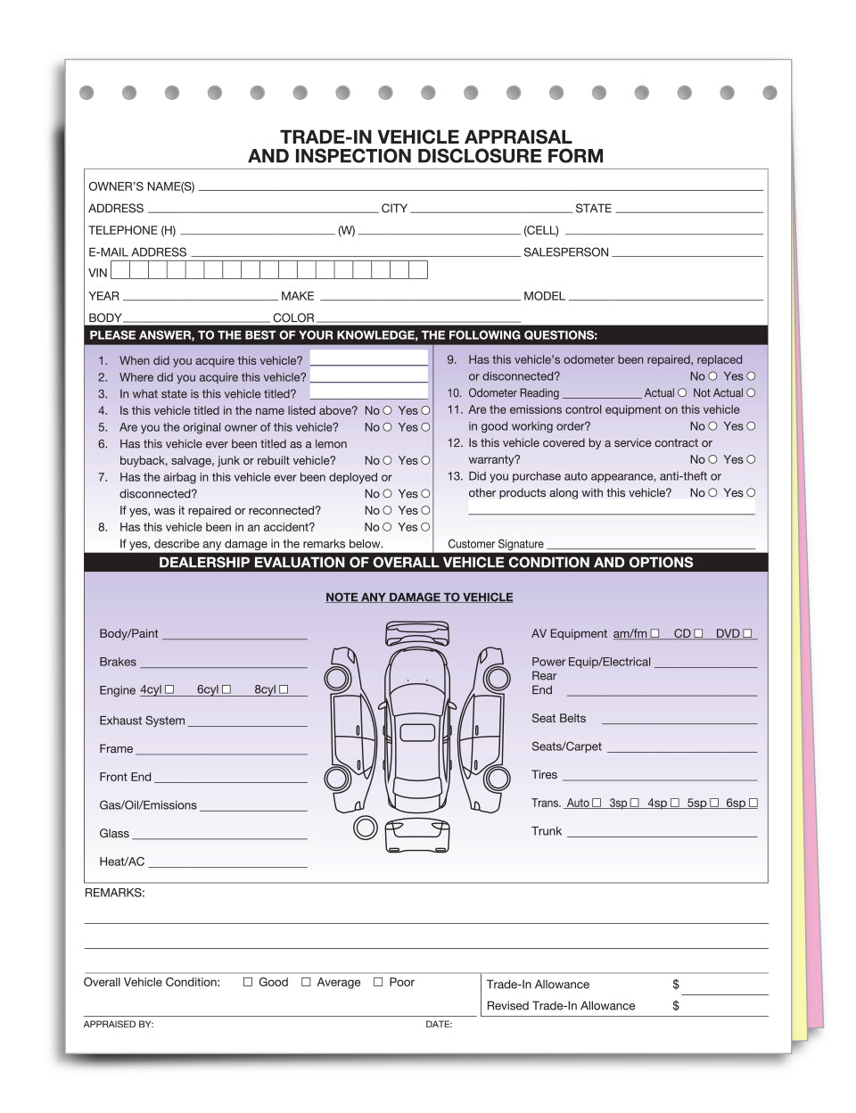 Trade In Vehicle Appraisal & Disclosure Form - 3 Part Snap-Out- Qty. 100