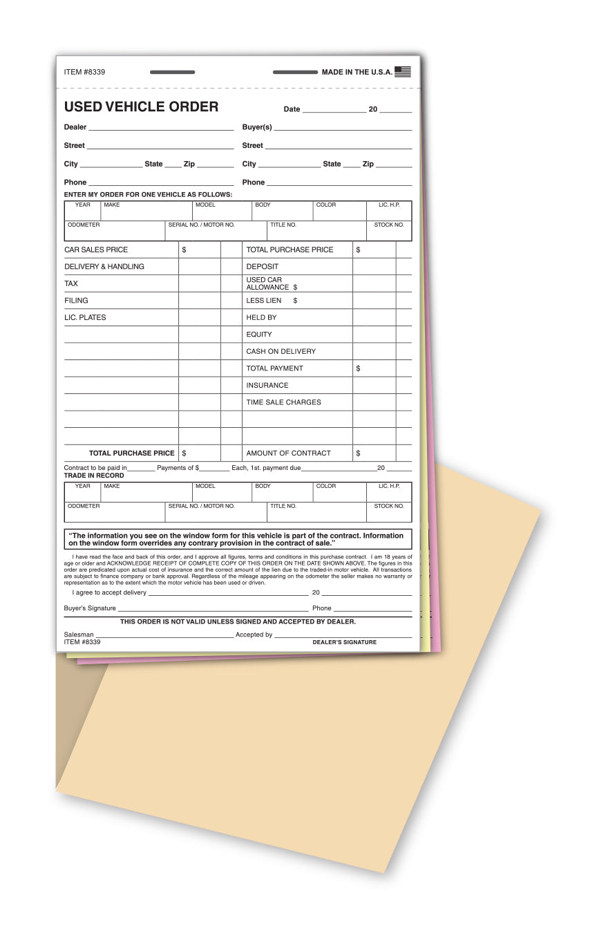 Used Vehicle Order Form Book - 3 Part  - Qty. 50 per book