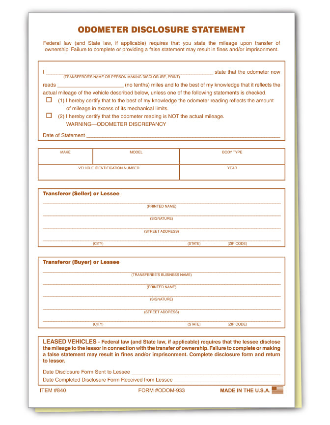 Odometer Disclosure Statement - ODOM-933 - 2 Part - Qty. 100