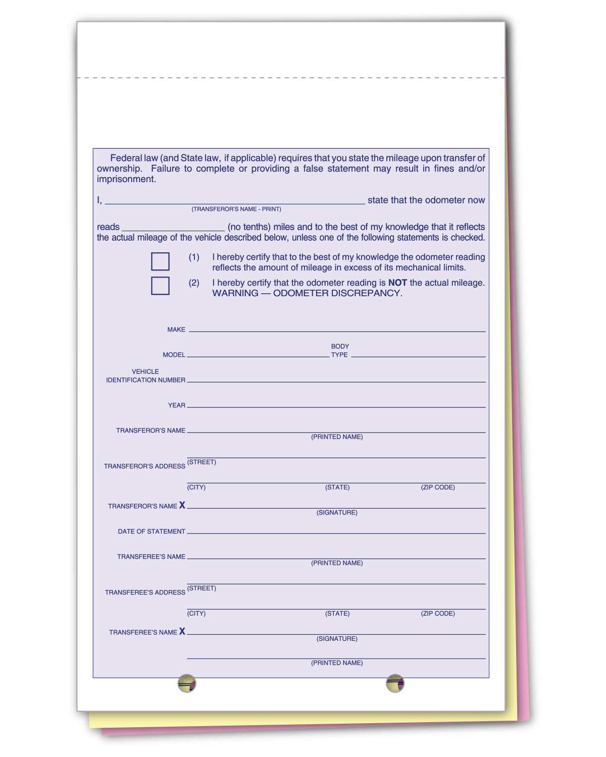 Odometer Disclosure Statement - ODOM-65-3 - 3 Part - Qty. 100