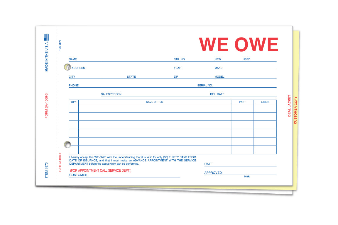 We Owe - SA-1506-3 - 3 Part - Qty.100