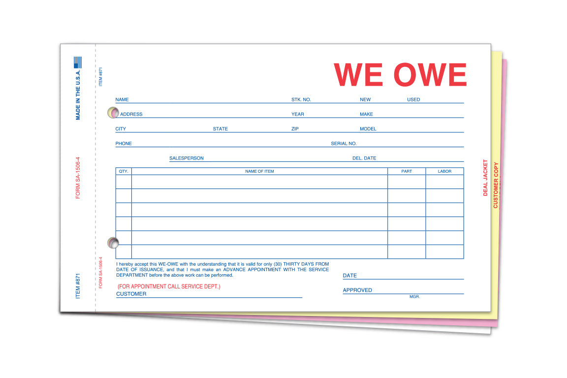 We Owe - SA-1506-4 - 4 Part - Qty.100