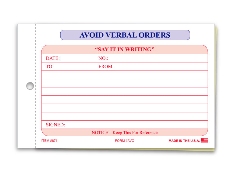 Avoid Verbal Orders Book - Generic, 2 Part - Qty. 1