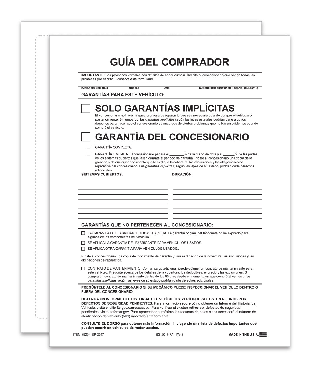Exterior Buyers Guide - BG-2017 - Imp. Warrnty - P/A - Spanish - Qty. 100